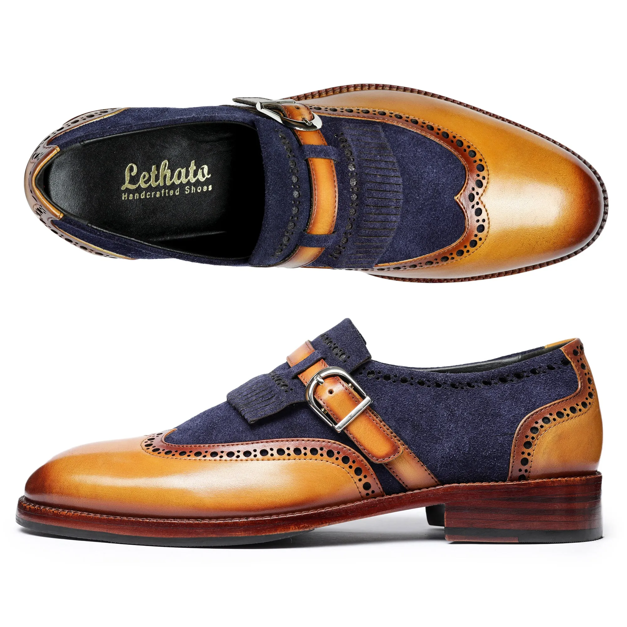 Wingtip Brogue Kiltie Monk Strap - Navy Suede