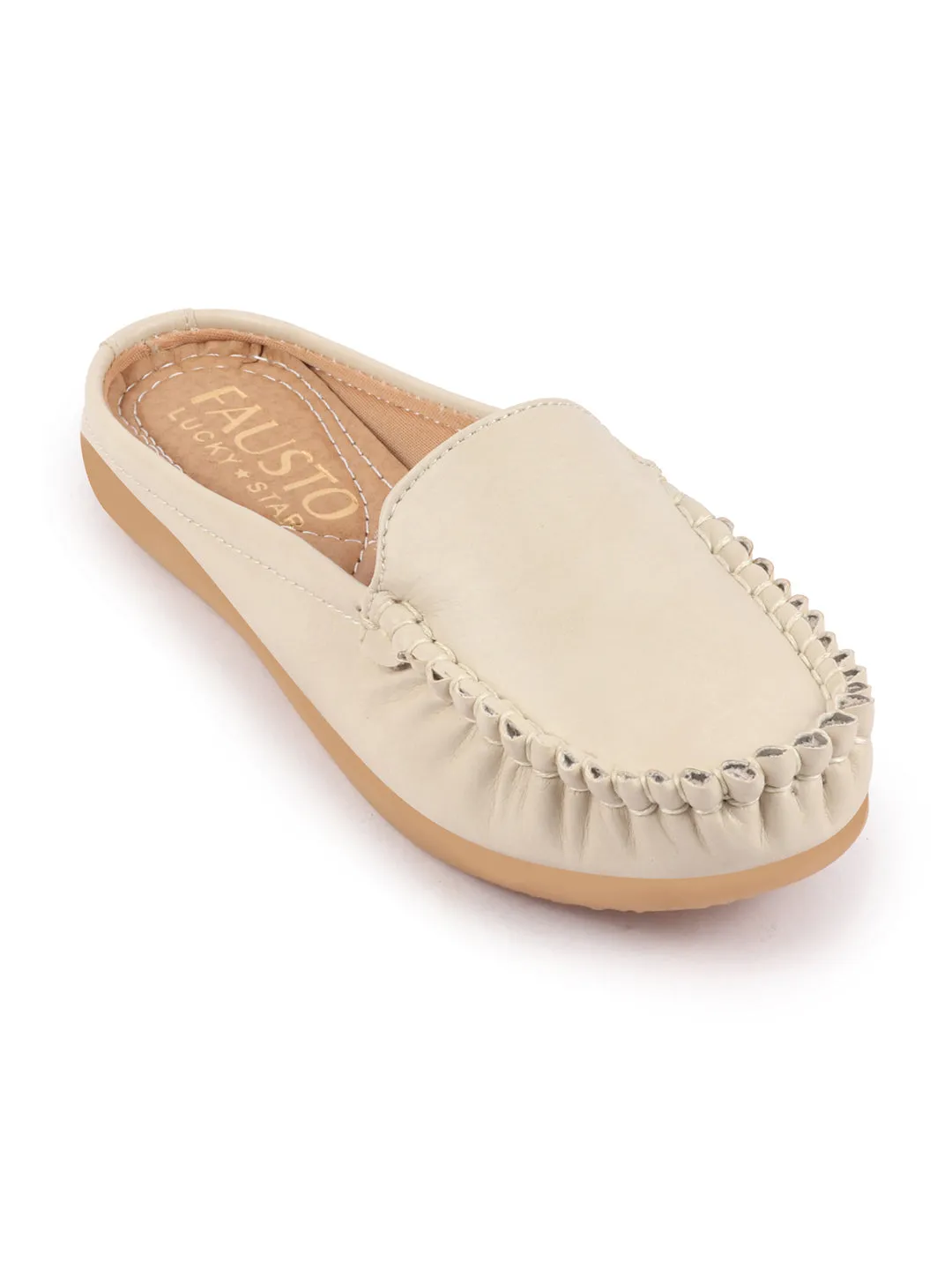 Women Cream Side Stitched Back Open Slip On Mules Shoes