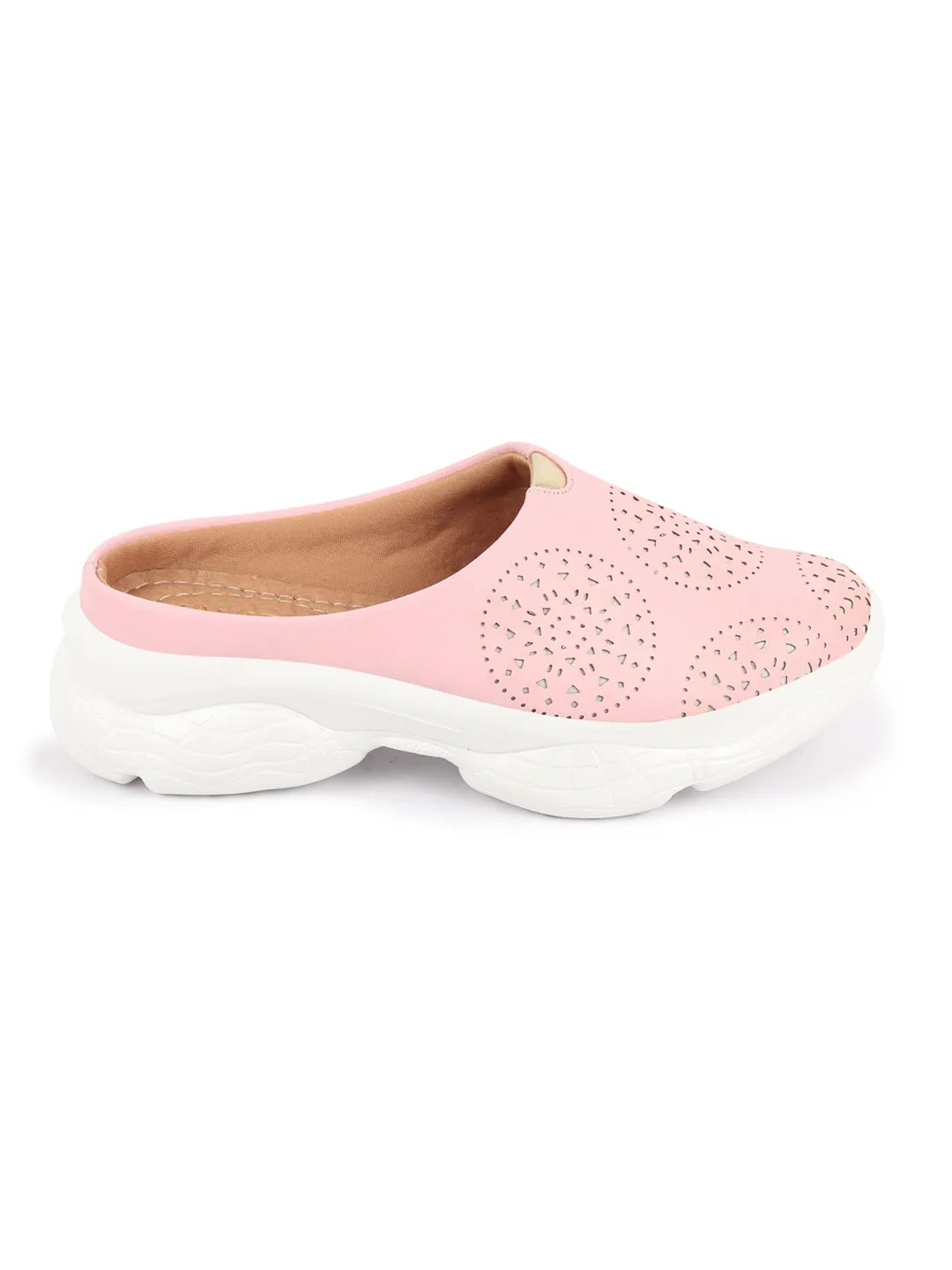 Women Pink Laser Cut Design Back Open Slip On Mules Shoes