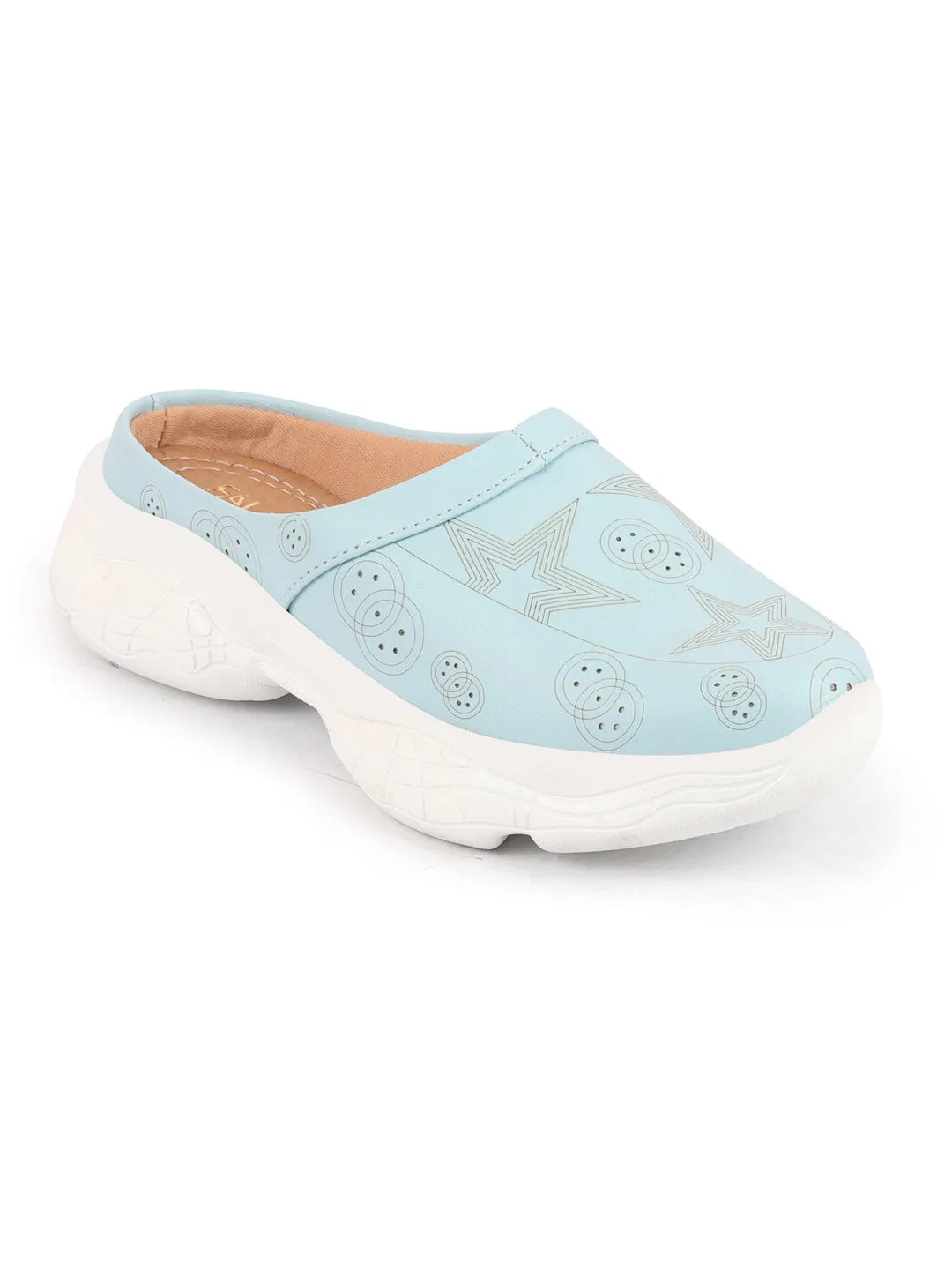 Women Sky Blue Laser Cut Star Design Back Open Slip-On Mules Shoes