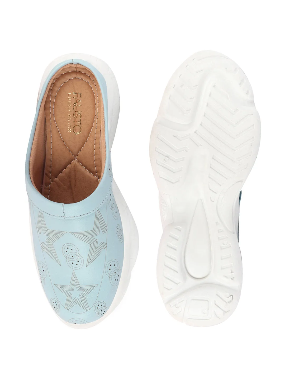 Women Sky Blue Laser Cut Star Design Back Open Slip-On Mules Shoes