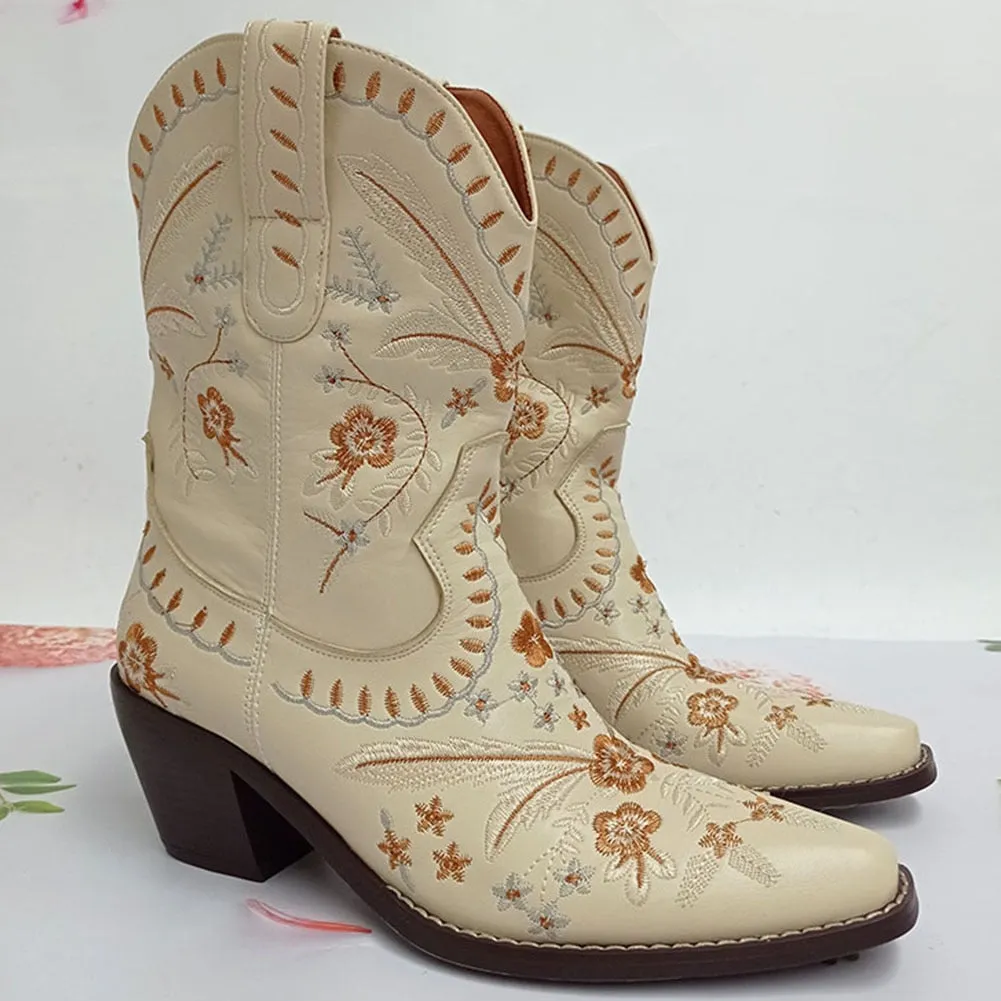 Women Western Boots Cowgirl  Mid-calf Boots Fashion Sewing Women Shoes Boots