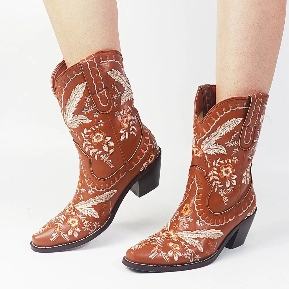 Women Western Boots Cowgirl  Mid-calf Boots Fashion Sewing Women Shoes Boots