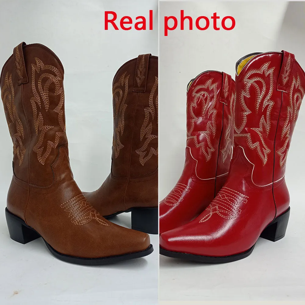 Women Western Boots Cowgirl  Mid-calf Boots Fashion Sewing Women Shoes Boots