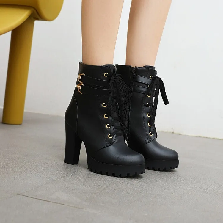 Women's Booties Buckles Lace-Up Block Chunky Heel Platform Short Boots