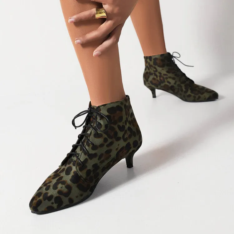 Women's Booties Leopard Print Flock Lace Up Kitten Heel Ankle Boots