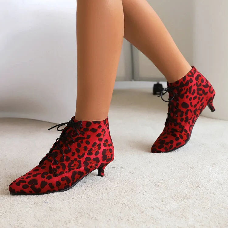 Women's Booties Leopard Print Flock Lace Up Kitten Heel Ankle Boots