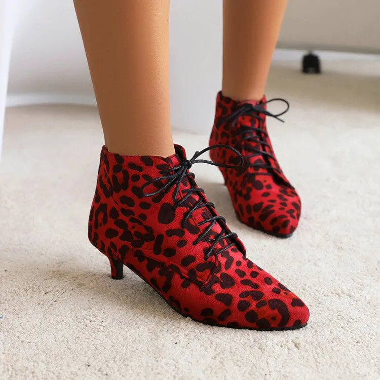 Women's Booties Leopard Print Flock Lace Up Kitten Heel Ankle Boots