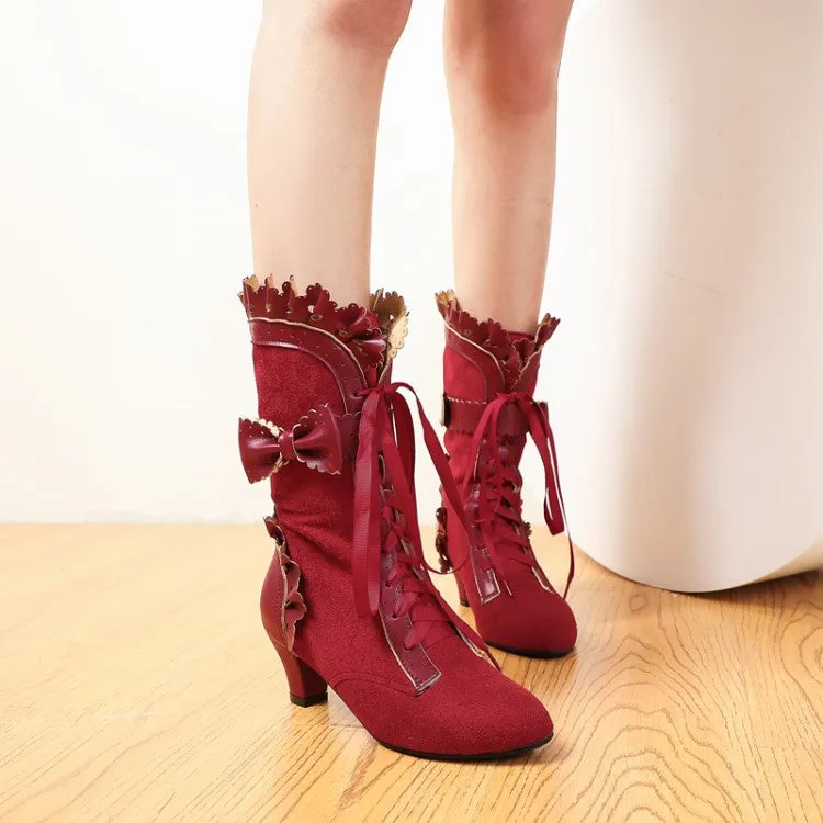 Women's Carved Pu Leather Pointed Toe Ruffles Lace Up Bow Tie Puppy Heel Ankle Boots