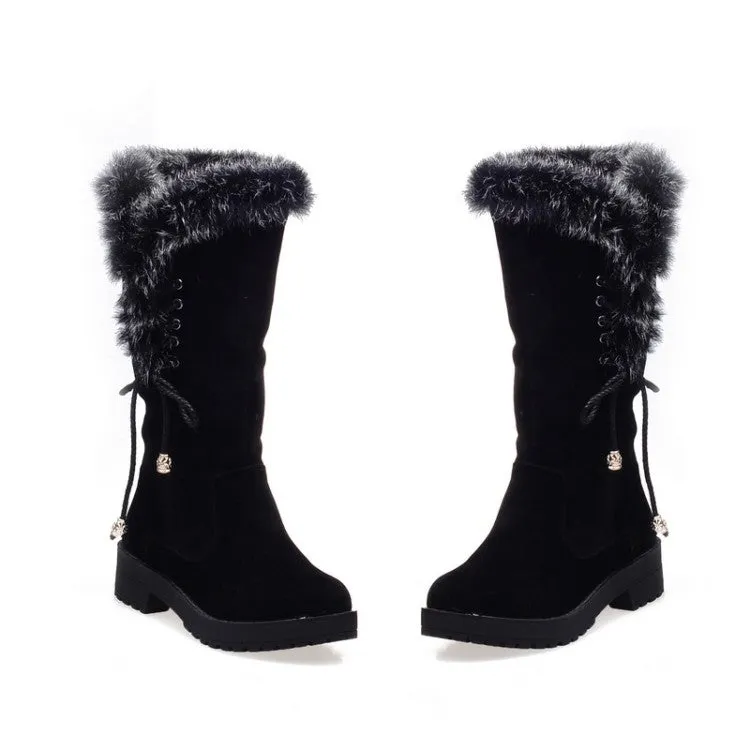 Women's Flock Round Toe Lace-Up Block Chunky Heel Mid-Calf Boots