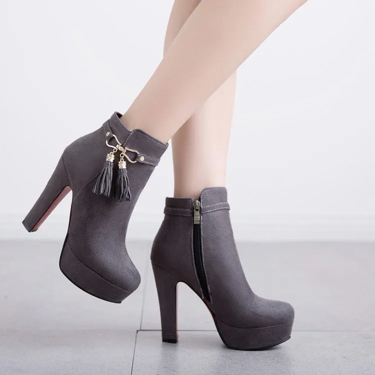 Women's Flock Round Toe Tassel Side Zippers Block Chunky Heel Platform Short Boots