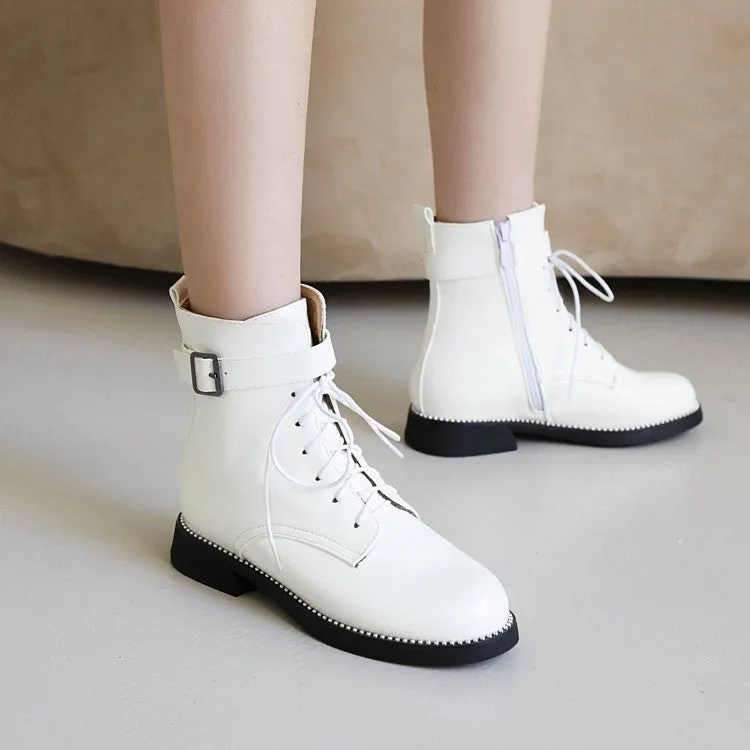 Women's Glossy Round Toe Lace Up Buckle Straps Stitch Short Boots