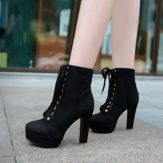 Women's Lace Up Platform Ankle Boots Heels Shoes Autumn and Winter 7728