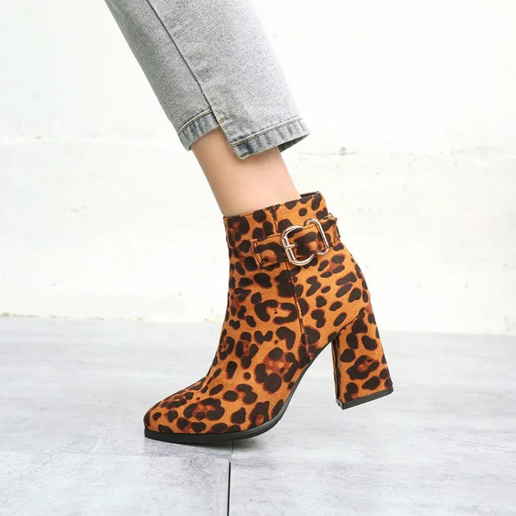 Women's Leopard-print Flock Pointed Toe Side Zippers Buckle Straps Block Chunky Heel Short Boots