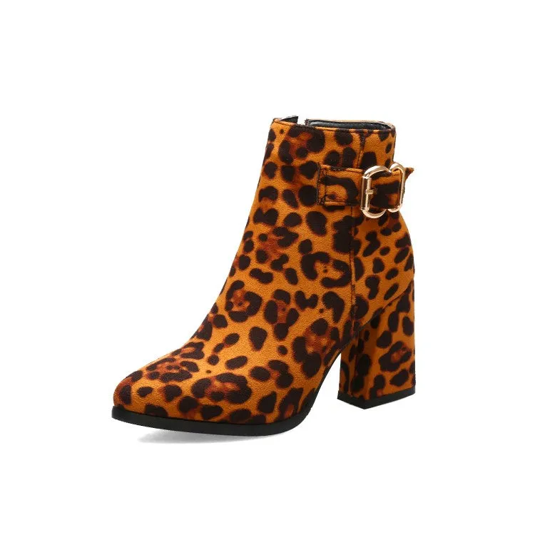 Women's Leopard-print Flock Pointed Toe Side Zippers Buckle Straps Block Chunky Heel Short Boots