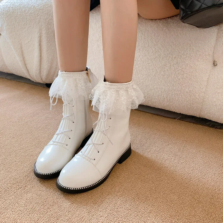 Women's Pu Leather Round Toe Lace Lace-up Stitch Side Zippers Short Boots