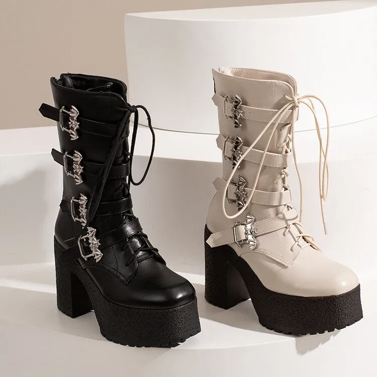 Women's Pu Leather Round Toe Lace Up Buckle Straps Block Chunky Heel Platform Mid-calf Boots