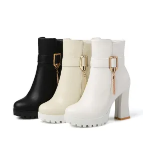 Women's Pu Leather Round Toe Side Zippers Metal Tassel Spool Heel Platform Short Boots