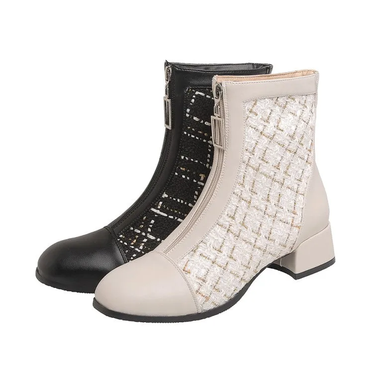 Women's Round Toe Pu Leather Lattice Patchwork Zippers Block Chunky Heel Short Boots