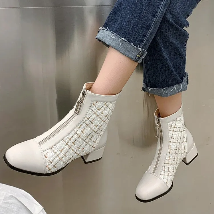 Women's Round Toe Pu Leather Lattice Patchwork Zippers Block Chunky Heel Short Boots