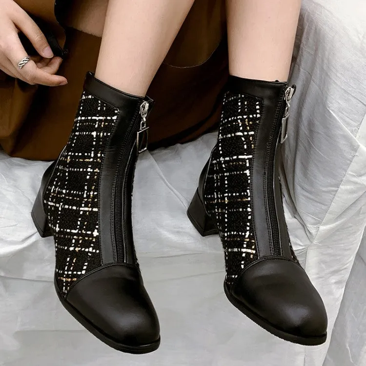 Women's Round Toe Pu Leather Lattice Patchwork Zippers Block Chunky Heel Short Boots