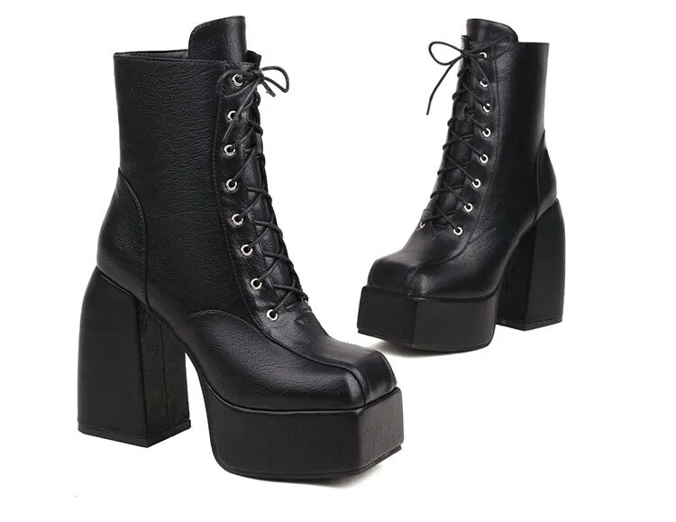 Women's Square Toe Lace-Up Side Zippers Block Chunky Heel Platform Ankle Boots